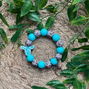 Cow Print Cow Head/Turquoise Stone Silicone Beaded Wristlet | Western Keychain | “Barn Sour”